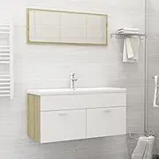 Stylish Bathroom Furniture Set with Sink Cabinet & Built-in Basin - White & Sonoma Oak - Engineered Wood & Ceramic, Includes Mirror - Modern Floating Vanity Design