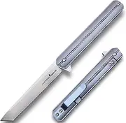 TACTICAL GEARZ Titanium Pocket Knife, Solid Tc4 Titanium Handle, D2 Steel Tanto Blade, Includes Sheath (Seren Midnight Blue)