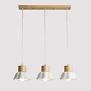 TONFON 3-Heads Wooden Pendant Light Long Log Chandelier with White Metal Lampshade E27 Nordic Simple Hanging Light for Kitchen Island Living Room Bedroom Bedside Dining Room Hallway Ceiling Light Fixt