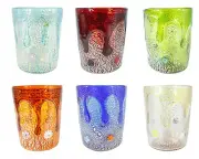 Set of Six 6 Murano Glass Art Tumblers Orange Blue Red Green Multi Millefiori