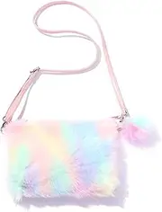 [Hnonoxy] Rainbow Plush Handbag Crossbody Shoulder Bag for Kids Girls Women - Adjustable Small Cell Phone Pouch Jewelry Bag