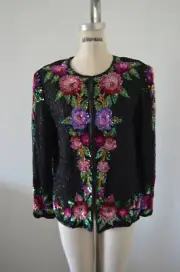 Laurence Kazar Sequined Beaded Cropped Jacket Multicolor Floral Cocktail Wedding