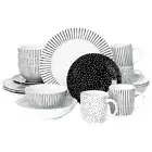 20pc Dinner Set Black White Spots & Stripes Crockery Porcelain Plates Bowls Mugs