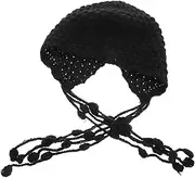 [WESIEVYA] Handmade Knitted Tassel Braid Hat Merino Wool Beanie Black Cap Warm Knitted Hat for Women Crochet Cap Winter Beanie