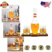 4-Piece Bowling Pin Decanter Set: Stylish Whiskey Glasses & Wooden Display Base