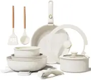 Healthy Ceramic Nonstick Cookware Set, 17-Piece Induction & Oven Safe, Cream Whi