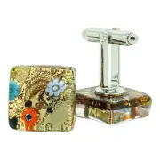 Murano Glass Cufflinks Brown Gold Multi Millefiori Pair Square