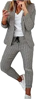 [hlysgo] Women's Blazer Suits Two Piece Plaid Work Pant Suit for Women Business Office Ladies Suits Sets Slim Fit Trouser