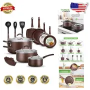 Elegant Nonstick Brown Cookware Set - 14 Pieces with Scratch-Resistant Utensils
