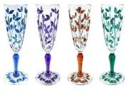 Set 4 Four Murano Glass Champagne Blue Purple Green Orange Wine Hand Painted