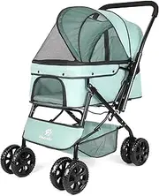 Pet Stroller, Foldable Cat Dog Stroller, Pet Dogs Stroller with Storage Basket, 360° Front Wheel Rear Wheel with Brake, Lightweight Travel Stroller for Small Medium Dogs&Cats (Tealblue)