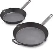 GreenPan x Bobby Flay Cast Iron Pre-Seasoned 8” & 10” Frying Pan Skillet Set, Professional Grade Heavy Duty, Pour Spouts, Induction Versatile Stovetop, Oven, BBQ Fire Grill, Indoor & Outdoor Use,Black