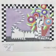 Hand painted Needlepoint canvas Penny MacLeod Mischief cat 13ct 12 x 8 happy