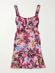 [Saloni] Saloni - Chandra Ruffled Floral-print Silk Crepe De Chine Mini Dress - Plum - UK 16 UK 16 Purple