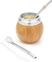 BALIBETOV Yerba Mate Kit - Includes One Yerba Mate Cup and Bombilla Set - Stainless Steel Double Wall Thermal Yerba Mate Gourd and Bombilla Set (Mate straw) - Easy to clean and maintain (Wood)