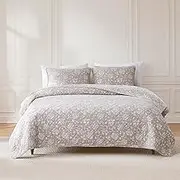 Lush Decor Zara Floral Block Reversible Cotton Quilt 3 Piece Set Full/Queen Neutral - Floral Bedding Set - Block Print Quilt - Vintage Coquette Decor