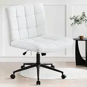Furniliving Home Office Desk Chair with Wheels,Criss Cross Legged Wide Chair Armless Height Adjustable Chair with Mid Back PU-Padded Swivel Accent Vanity Chairs,IvoryWhite