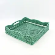 Tight Woven Waved Edge Square Rattan Tray w Handle, Luxury Home Decor, Turquoise