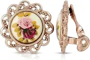 [1928 Jewelry] Manor House Pink & Purple Rose Decal Clip On Earrings For Women, Non Piercing Ear Rings, Pierceless Snap On, Romantic Roses Victorian Inspired, 14K Gold Dipped, Made In USA, Zinc, No
