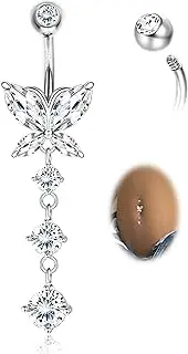 [ZELORES] 14G Dangle Belly Button Rings 925 Sterling Silver Barbell Belly Rings CZ Opal Belly Body Piercing Jewelry for Women