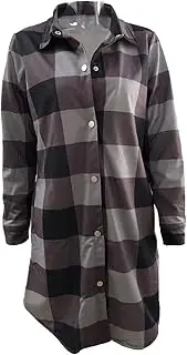[Zylphorix] Women Polo Collar Plaid Shirt Jacket Flannel Button Front Blouse Top Medium Length Long Sleeved Lattice Jacket