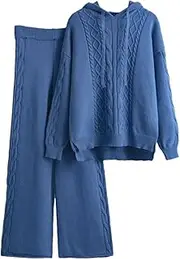 [Generic] Women's Drawstring Hooded Knitted Sweater Suits Pullovers Tops Wide Leg Pants Lounge Sets 2 Pieces Sets Tracksuits