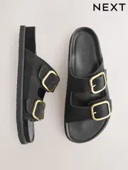 Black Suede Forever Comfort® Premium Double Strap Footbed Sandals (E55028) | $64
