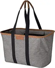 CleverMade Collapsible LUXE Tote, Heather Gray/Black - 30L (8 Gal) Structured Tote Bag with Handles and Reinforced Bottom - Reusable Grocery Bag, Shopping Bag, Utility Tote Bag