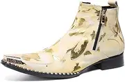 [Generic] Embossed Texture Ankle Boot for Men Work BootGenuine Leather Zipper Metal Pointed Toe Block Heel Pull On