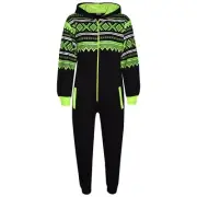Girls Boys Black & Neon Green Aztec Snowflake A2Z Onesie One Piece Jumpsuit 7-13