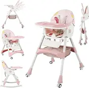 6 in 1 Baby High Chair Foldable Portable High Chairs for Babies and Toddlers Adjustable Height and Backrest with Footrest and Wheels
