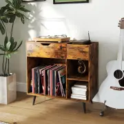 CostwayRecord Player Stand with Power Outlets and Album Storage-Rustic Brown