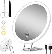 UOEPOWA 20X Magnifying Makeup Mirror with Light, 1500mAh Rechargeable Travel Mirror, 360° Rotation, 6inch Adjustable Stand, 3 Suction Cups, Tweezers & Scissors, Vanity Mirror for Precise Grooming