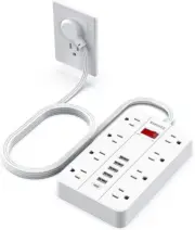 Power Strip with USB,Surge Protector Flat Plug 8 Widely 5FT, White