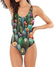 [RPLIFE] Colorful Succulents Cactus One-Piece Swim Suit, Backless Bathing Suits for Women Petite Bathing Suits, Colorful Succulents Cactus, Medium