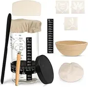 Sourdough Starter Kit - with Sourdough Starter Jar Glass & Sourdough Proofing Banneton Basket - Sourdough Bread Baking Supplies for Sourdough starter - Bread making kit for Sourdough bread Loaf