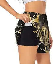[WURTON] Black Marble Texture Golden Print Exercise Gym Workout Shorts Women's Athletic Shorts Dual-Layered Yoga Running Shorts