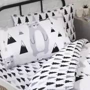 Scandi Bear Forest Junior Fitted Sheet and Pillowcase Set White Grey Kids