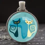 MCM Black & White Cat Necklace Vintage Atomic Starburst Retro Googie Art Pendant