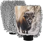 XYMZR Snowy Forest Bison Absorbent Microfiber Car Wash Mitt, Funny Cute Anime Scratch Free for Cars Cleaning, Home Cleaning Mitts, 2 Pack, 10.24” L x 7.09” W