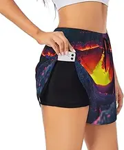 [GaxfjRu] Kilauea Volcano Print Women's Running Shorts High Waisted Running Shorts Pocket Sporty Gym Elastic Short, Black, XXL