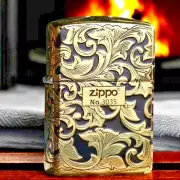 Golden Floral Zippo Lighter Black & Gold Tang Grass Design-Refillable Gift