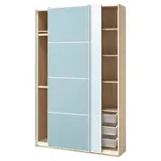 PAX / MEHAMN/AULI wardrobe with sliding doors, white stained oak effect double sided/light blue mirror glass, 150x43x236 cm