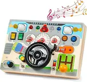 Montessori Busy Board for Toddler 1-3,Baby Wooden Toys with Light Switch & Car Driving Sounds,Early Sensory Activities,Fidget Board Travel Pack for 18 Months,1 2 3 Year Old Boys Girls Gifts