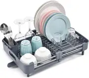 Foldable Stainless Steel Dish Drainers with Removable Cutlery Holder & Non-Scratch Plate Rack, Grey