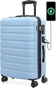 [AnyZip] Suitcase Hardside PC ABS Lightweight USB Luggage with Wheels TSA Lock Checked-Large 28 Inch Light Blue