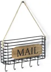 Mail Organizer Wall Mount, Rustic Mail Holder with Hooks, Easy Assembly