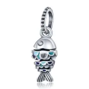 925 Sterling Silver Fish Light Blue Beads Fit 925 Bracelets DIY Jewelry