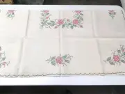 Mid Century Tablecloth 50" by 50" CROSS STITCH Red Green Floral