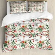 Duvet Cover Set, Merry Xmas Vibe with Snowmen Bells and Leaves Illustration
